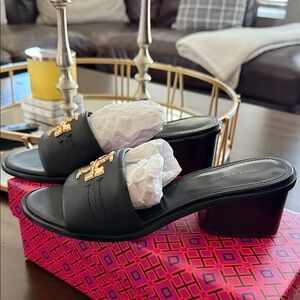 Tory Burch Black Mules with Gold Logo